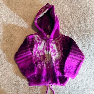 Purple Hooded 100% Wool Zip Up Wolf Face Jacket Handmade in Ecuador